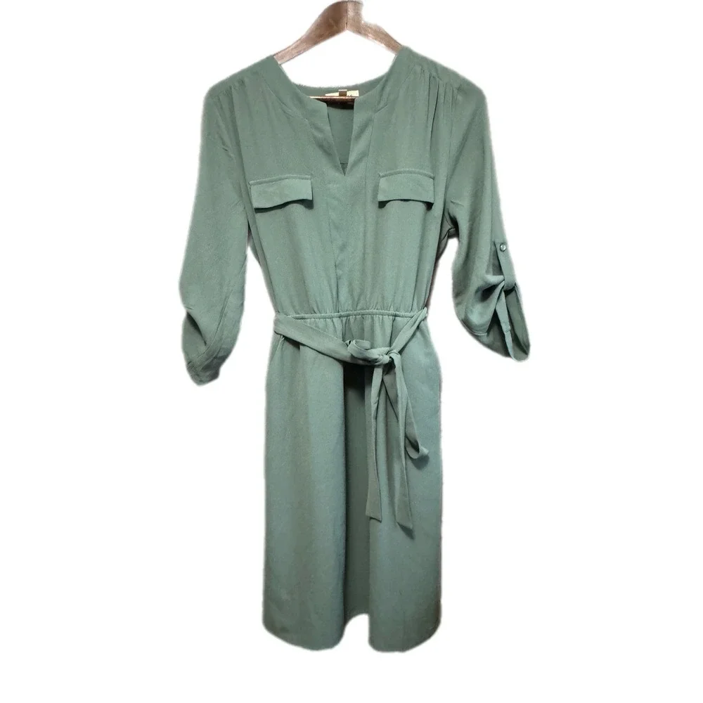 Monteau Shift Dress Womens Large Green Excellent midSleeve Belted Utility Pocket - Picture 1 of 7
